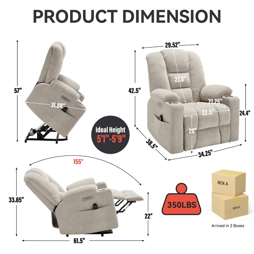 English Elm Emon's Overstuffed Chenille Power Lift Recliner with Massage Heat and Charging Ports Beige W1803S00069