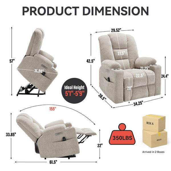 English Elm Emon's Overstuffed Chenille Power Lift Recliner with Massage Heat and Charging Ports Beige W1803S00069