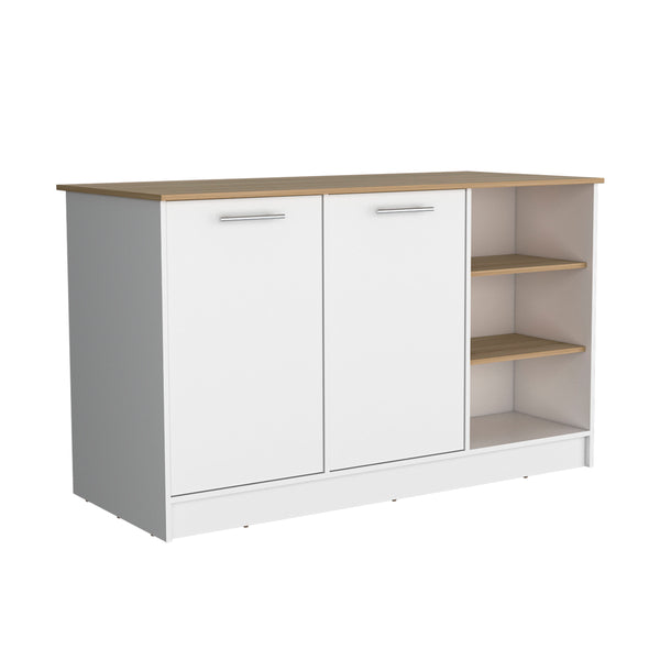 English Elm Kitchen Island With Two Cabinets & Three Open Shelves - Modern White & Natural Oak Storage Solution B097S00143