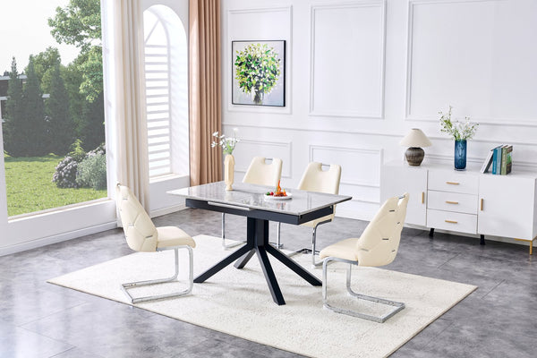 English Elm Modern Extendable Rectangular Dining Table with Scratch‑Resistant MDF Top and Matte Geometric Legs, Space‑Saving Centerpiece for Home or Office W3493S00008