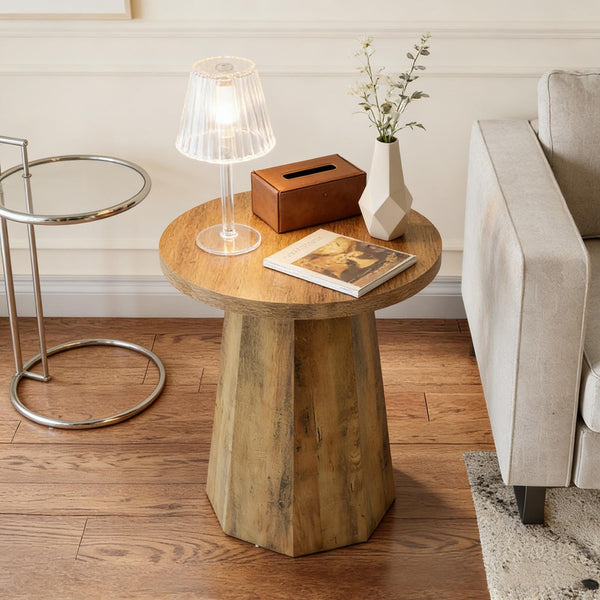 English Elm Wooden Round Side Table Compact Farmhouse End with Scratch Resistant Surface T3971P452664