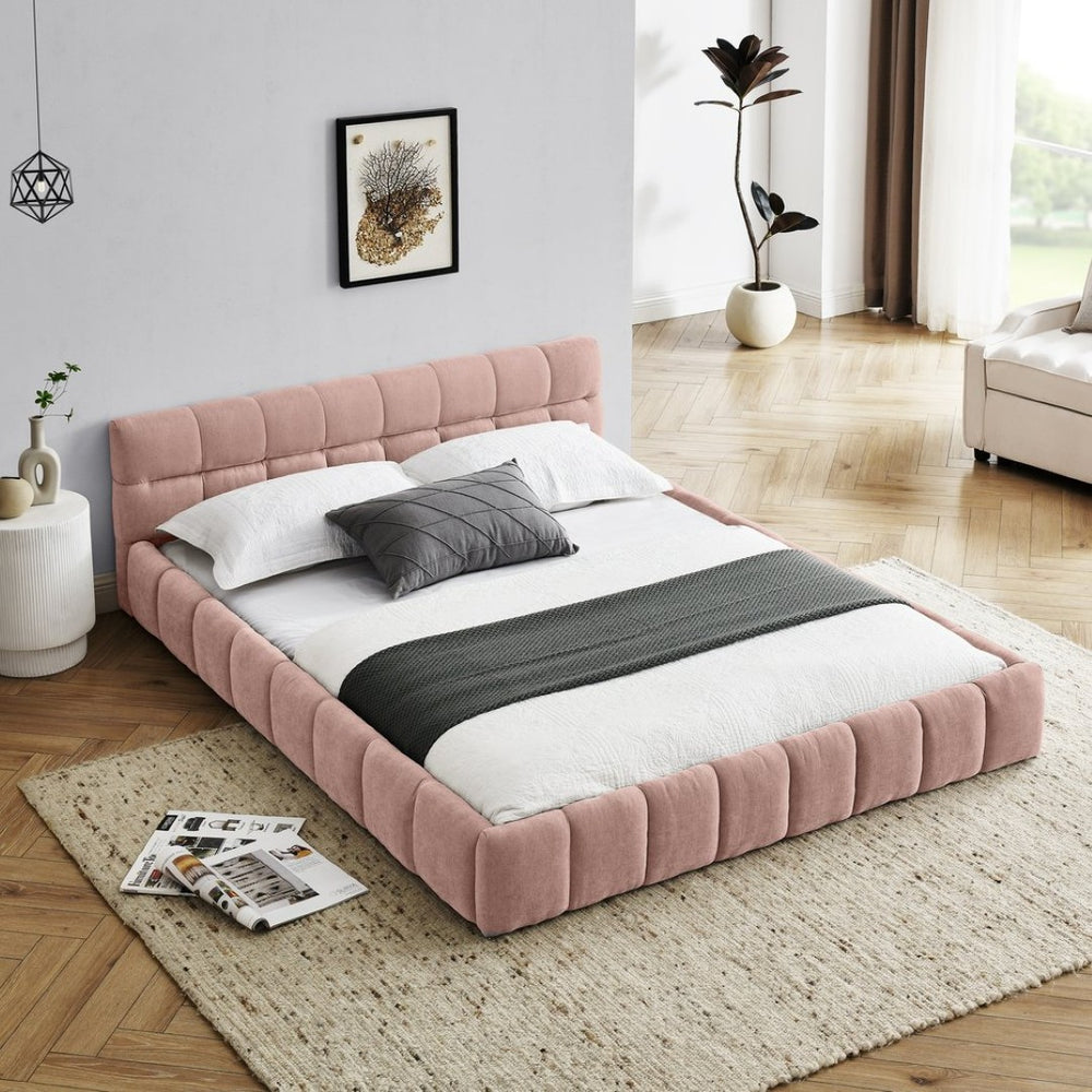 English Elm Queen Size Upholstered Platform Bed In Soft Pink Chenille - No Box Spring Needed, Stylish & Durable W487S00320-GIGA