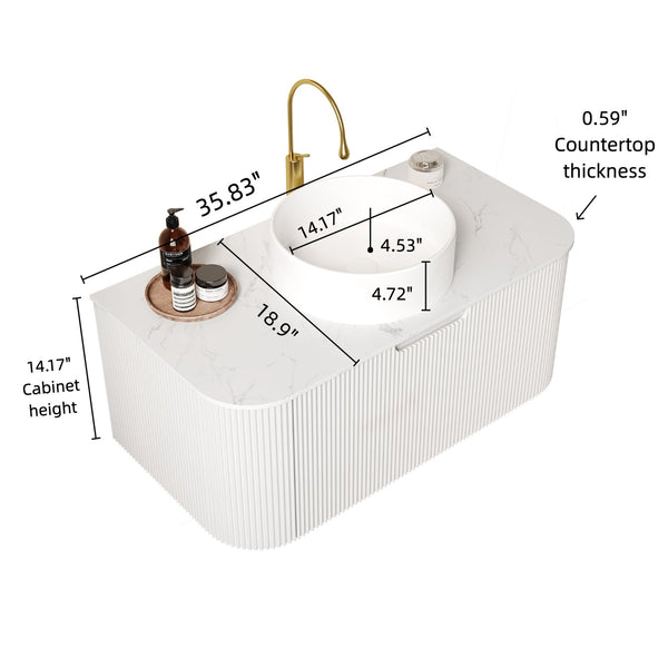 English Elm Dina 36" Wall-Mounted Bathroom Vanity With Round Sink, Stylish Curved Design And Ample Storage Space W2615S00157