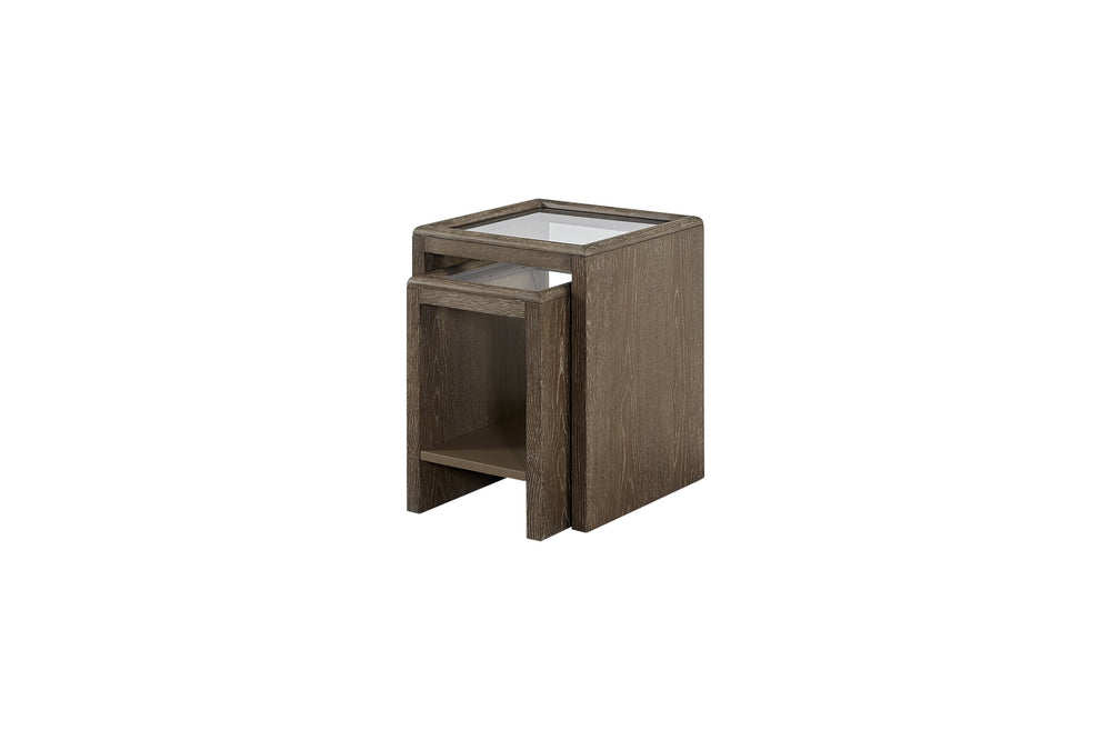 English Elm Nesting Tables with Tempered Glass Tops Cocoa – Space-Saving Rustic Wood Finish, Lower Shelf Storage B2699P323119