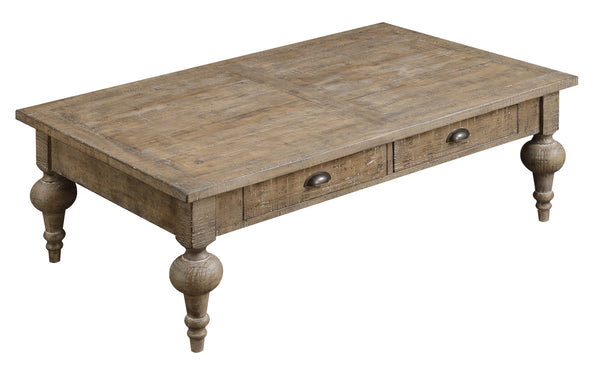 English Elm Wallace & Bay - Taupe Rustic Solid Wood Coffee Table – Sandstone Buff Finish, Easy-Care, 52" x 32" x 18" Centerpiece B2709P212410