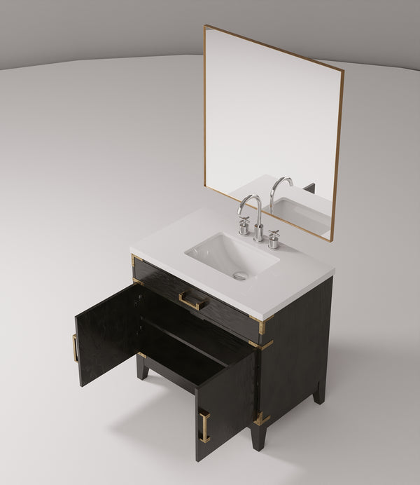 English Elm Black Oak Single Bath Vanity Set With White Quartz Top, 34" Mirror & Chrome Faucet For Stylish Storage B2731S02220