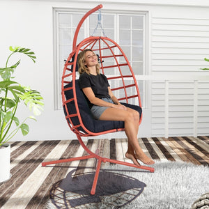 English Elm Egg Hanging Chair with Stand Pe Rattan Swing Seat Washable Cushion Patio Bedroom T5880P497443