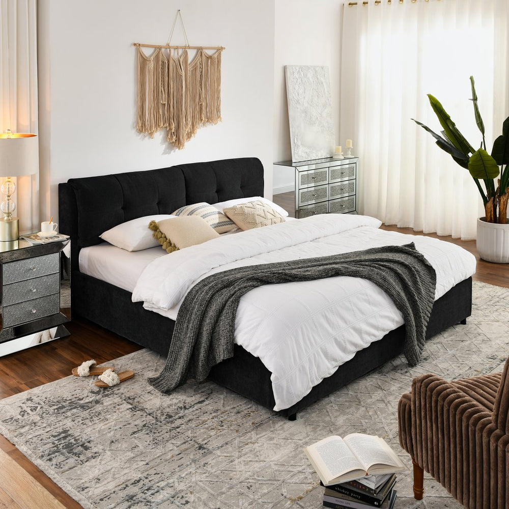 English Elm King Size Hydraulic Platform Bed With Integrated Headboard - Stylish Chenille Upholstery, Black W1413S00116