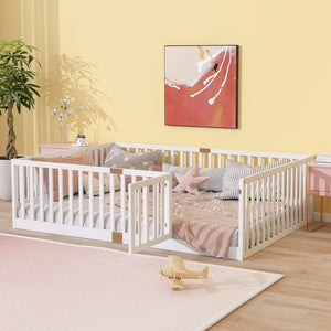 English Elm Twin Floor Bed Solid Rubber Wood with Tall Safety Railings for Toddler Sleep White W504P287658