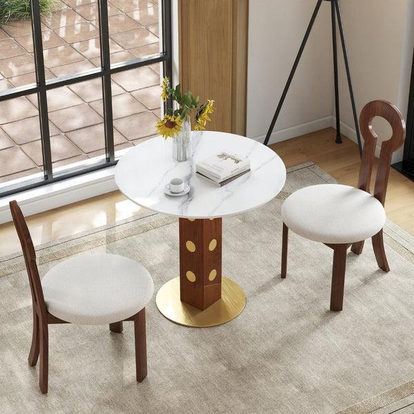 English Elm Modern Round Dining Table - 33.5" Sintered Stone Top With Wooden Legs & Gold Base For Small Spaces P1 W1535S00584-GIGA