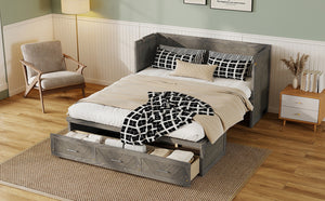 English Elm Queen Murphy Cabinet Bed Pine Wood Geometric Panel Antique Grey with Usb Charging W504S00302
