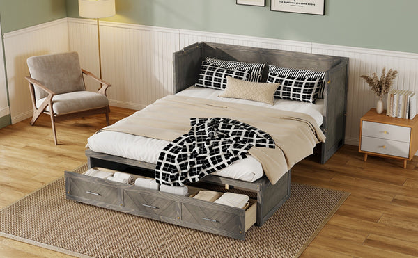 English Elm Queen Murphy Cabinet Bed Pine Wood Geometric Panel Antique Grey with Usb Charging W504S00302