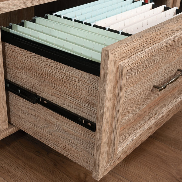 English Elm Credenza, Versatile Brown-Finish Storage Solution With File Drawers And Cable Management System B356P367828