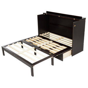 English Elm Queen Size Murphy Bed – Elegant Pine Wood Cabinet With Power Station & Rattan Accents, Espresso Finish W504S00235-GIGA
