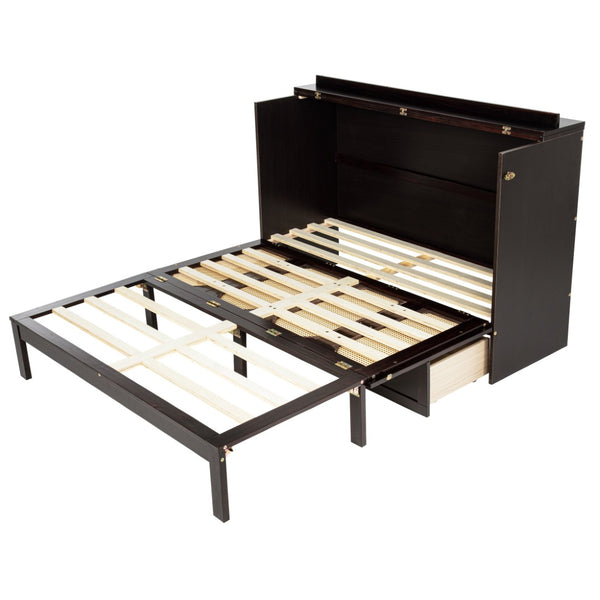 English Elm Queen Size Murphy Bed – Elegant Pine Wood Cabinet With Power Station & Rattan Accents, Espresso Finish W504S00235-GIGA