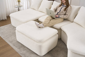 English Elm 133'' Modular U-shaped Sectional Chenille Sofa with Removable Recliner for Spacious Rooms Milk White W2231S00050