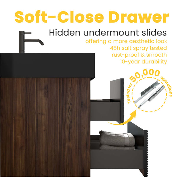 English Elm Grace 48" Walnut Floating Bathroom Vanity With Matte Black Sink, Soft-Close Drawers & Eco-Friendly Design W1865P281503