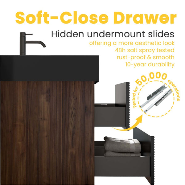 English Elm Grace Floating Walnut Vanity with Solid Surface Sink and Soft Close Storage Drawers W1865S00201
