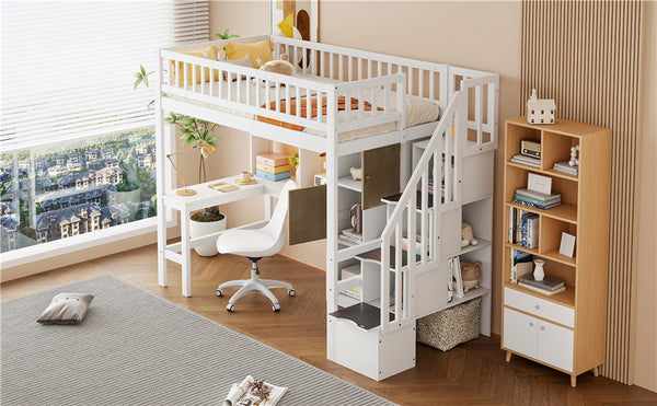 English Elm Wood Twin Loft Bed with Built-In L-Desk, LED Lighting, Staircase Storage, Shelves & Cabinets White N7090000470K