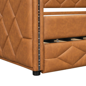 English Elm Full XL Upholstered Daybed with Trundle and Built-In LED Lighting, Tufted Arms, Solid Wood Frame Brown N7090000611D