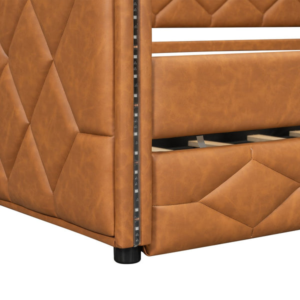 English Elm Full XL Upholstered Daybed with Trundle and Built-In LED Lighting, Tufted Arms, Solid Wood Frame Brown N7090000611D