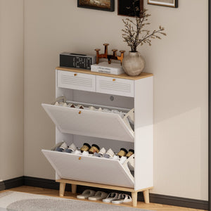 English Elm Shoes Storage Cabinet Slim Flip Door Entryway Organizer with Natural Wood Legs 16 Pairs W3166P266365