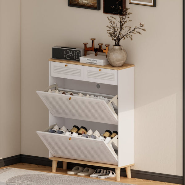 English Elm Shoes Storage Cabinet Slim Flip Door Entryway Organizer with Natural Wood Legs 16 Pairs W3166P266365