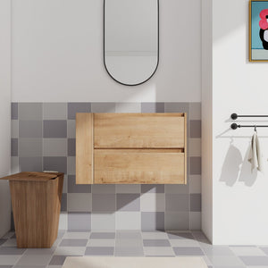 English Elm 30" Wall Mounting Bathroom Vanity Cabinet with Adjustable Side Shelf, Soft-Close 2/3 Drawers, Water-Resistant Plywood Imitative Oak W999P193004
