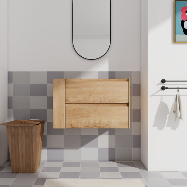 English Elm 30" Wall Mounting Bathroom Vanity Cabinet with Adjustable Side Shelf, Soft-Close 2/3 Drawers, Water-Resistant Plywood Imitative Oak W999P193004