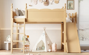 English Elm Twin Loft Bed Solid Pine Frame with Wardrobe Shelving Detachable Slide Kids Room Natural W5305S00022