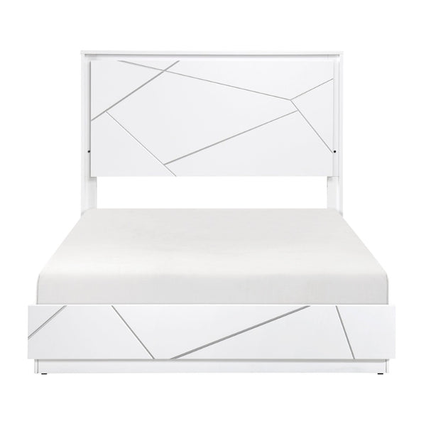 English Elm Glamorous White Lacquer California King Bed with Led Headboard and Geometric Accents B011S02214