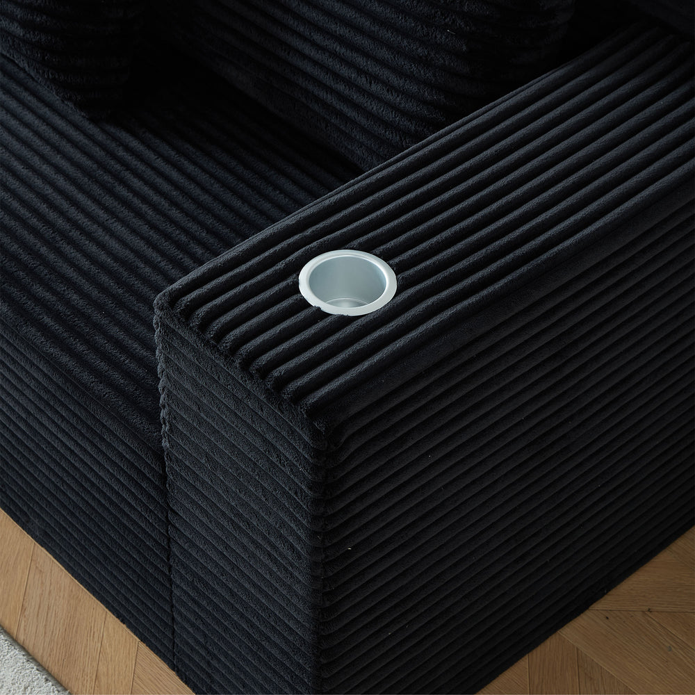 English Elm Deep Modular Cloud Couch In Soft Black Corduroy With Built-In Cup Holders - No Assembly Needed! W848S00049