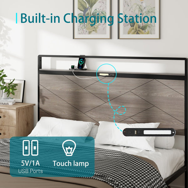 English Elm Bed Frame Full Size: Industrial-Style Wooden Platform With Led Headboard, Usb Charging & Storage W636P294910