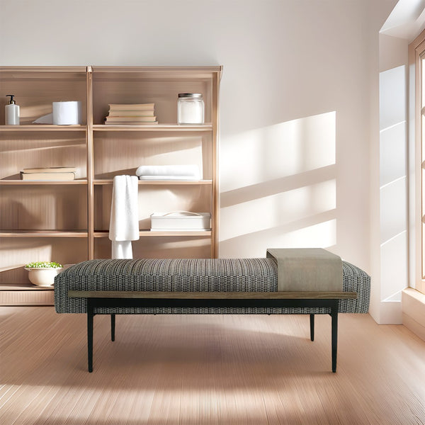 English Elm Cocktail Upholstered Ottoman with Red Oak Slide Tray, Square Accent Bench, Multi Fabric, No Assembly Needed B035P265995