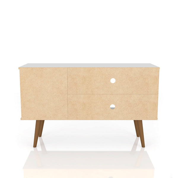 English Elm Liberty 43" TV Stand with Splayed Solid Wood Legs, Wire Management, Open Shelves & Concealed Storage Yellow+White B365P398332