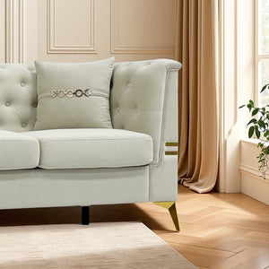 English Elm FX-P83-2PC Velvet Sofa Set of 2, Cream White 3-Seaters with Tufted Cushions & Gold Legs — Cozy Durable Elegance for Living Rooms W576S00237