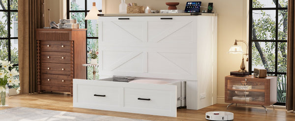 English Elm Full Farmhouse Murphy Cabinet Bed with Charging Station and Large Drawers, Space-Saving Guest Solution White 52.25 L x 26.25 W x 5.25 H N733S237853W