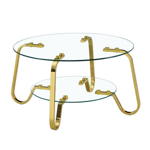 English Elm Retro Industrial Square Coffee Table Dual Tier Tempered Glass and Powder Coated Metal Frame Gold W3875P373155