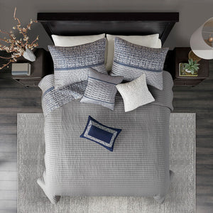 English Elm 6 Piece Reversible Jacquard Quilt Set Navy Grey Striped Chic King/Cal King with 3 Embroidered Pillows B03597590