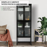 English Elm Stylish 4-Door Tempered Glass Cabinet With 4 Glass Doors Adjustable Shelves U-Shaped Leg Anti-Tip Dust-Free Fluted Glass Kitchen Credenza Black