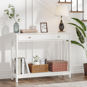 English Elm Console Farmhouse Console Table with Drawer and Open Shelves for Entryway Living Room Storage White T3771P356250