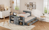 English Elm Twin Size Multifunctional Wood Platform Bed With Desk and Storage Shelf At The End Of The Bed, Built-In Trundle and 3 Drawers, Gray