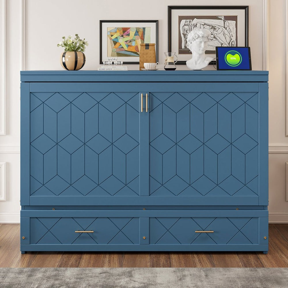 English Elm Queen Murphy Wall Bed Cabinet with Storage Drawer Built-in Power Outlets Usb Ports Navy Blue LP000400AAC-1