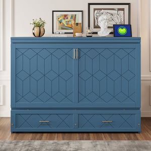 English Elm Queen Murphy Wall Bed Cabinet with Storage Drawer Built-in Power Outlets Usb Ports Navy Blue LP000400AAC-1
