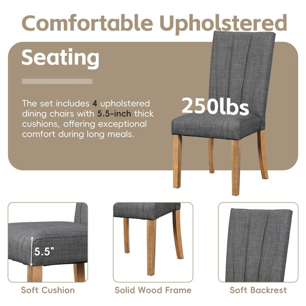 English Elm TOPMAX Solid Wood Extendable Dining Table Set for 6 with 18" Leaf, Trestle Legs, Cushioned Bench & Chairs Gray SP000089AAE