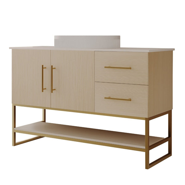 English Elm 47.2" Freestanding Bathroom Vanity Wood Tone Cabinet Ceramic Vessel Sink Gold Legs W3136S00082