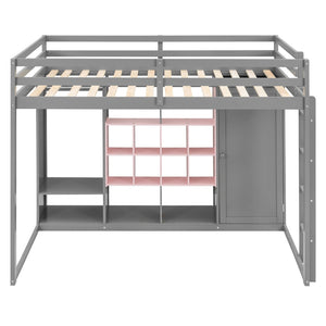 English Elm Twin Loft Bed with Wardrobe Shelves and Cabinet Kids Bedroom Wood Storage Frame Pink+Grey N708S00024E