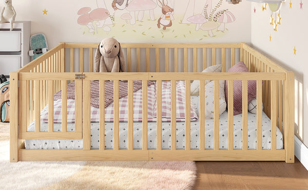 English Elm Twin Floor Bed Pine Wood Frame with Guardrails and Door for Safe Toddler Sleep Natural W1580P417671