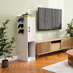 English Elm 44.49" Slim Gaming Console Storage Cabinet with Drawers and Hooks Antique White W1120P330147
