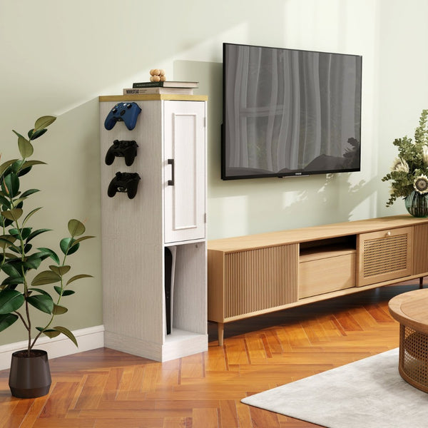 English Elm 44.49" Slim Gaming Console Storage Cabinet with Drawers and Hooks Antique White W1120P330147